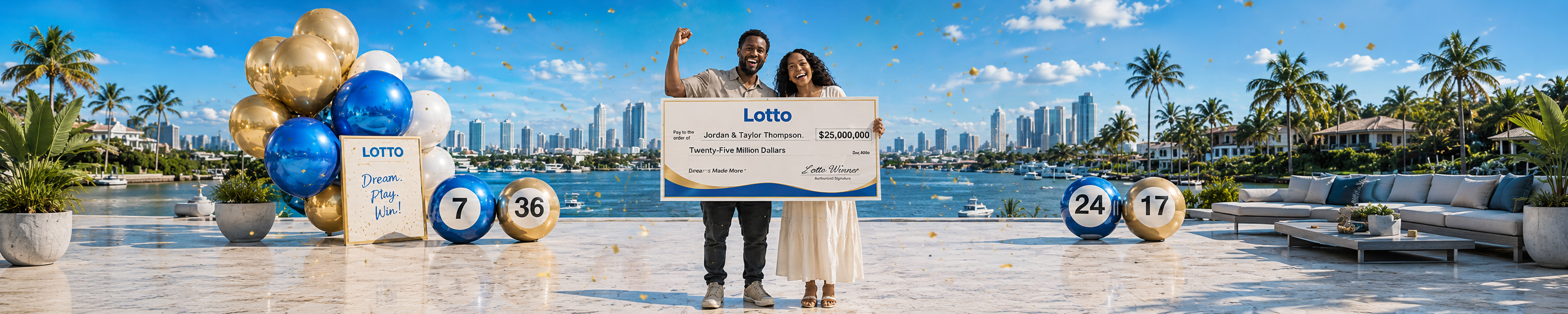 Winning couple celebration banner with filled-out promotional check